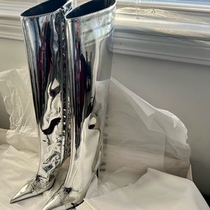 Alexandre Vauthier Metallic Silver pointed Knee High Heel Boots Size 7 (37) NEW